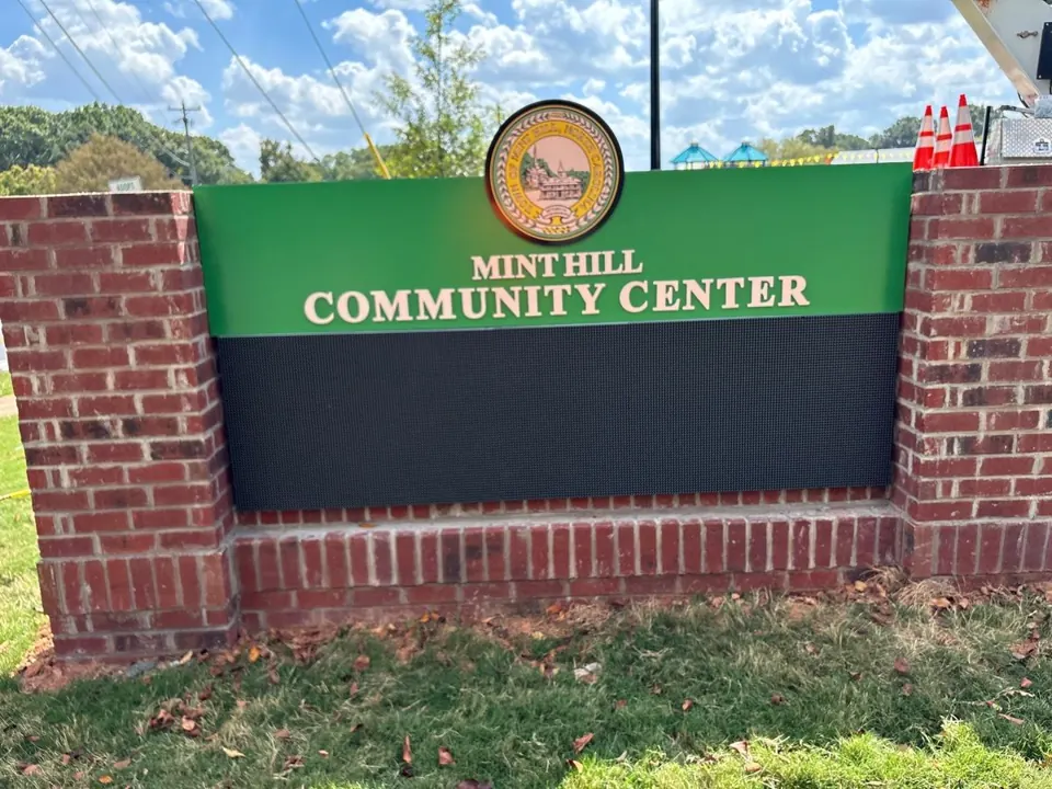 Electronic message center set into the Mint Hill Community Center monument sign